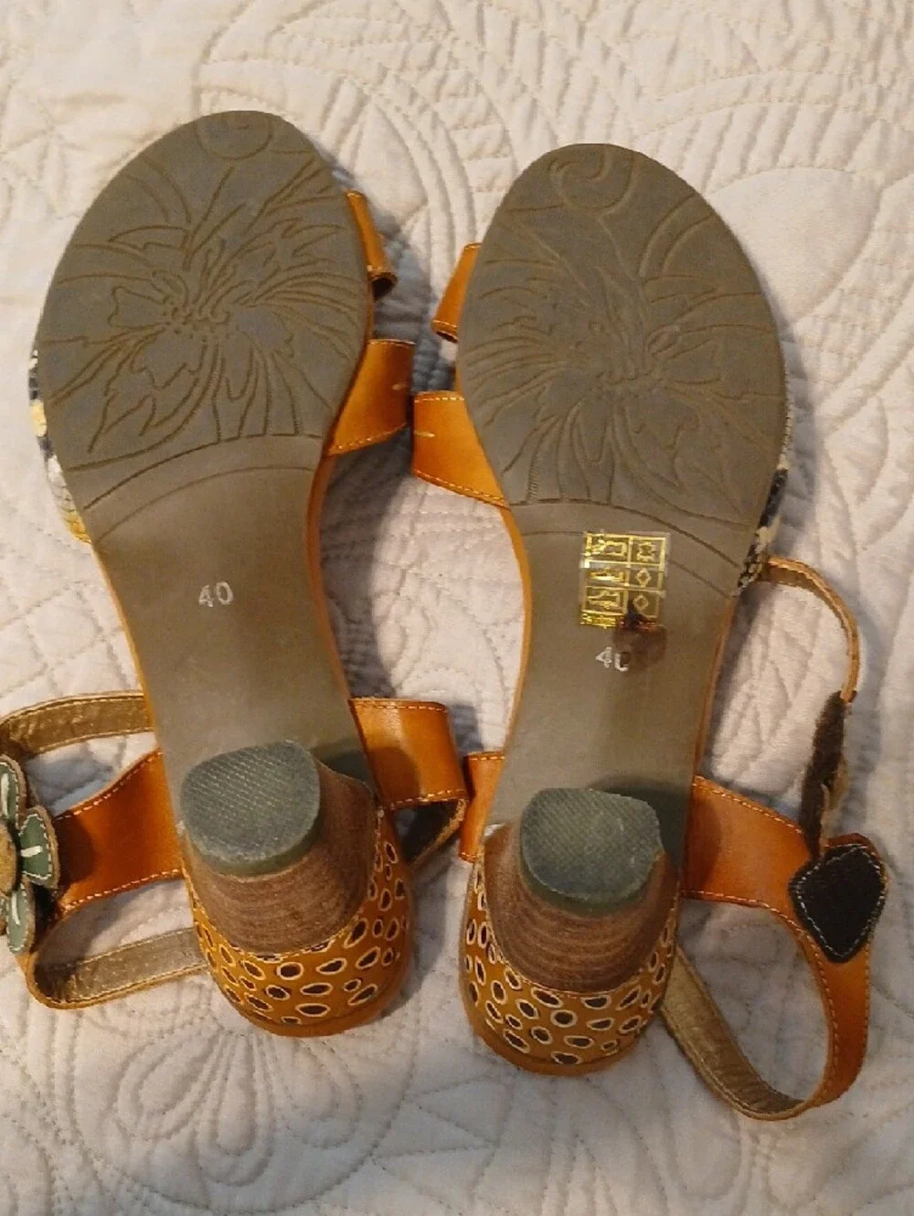 Tan Leather Sandals with Green Floral Accent